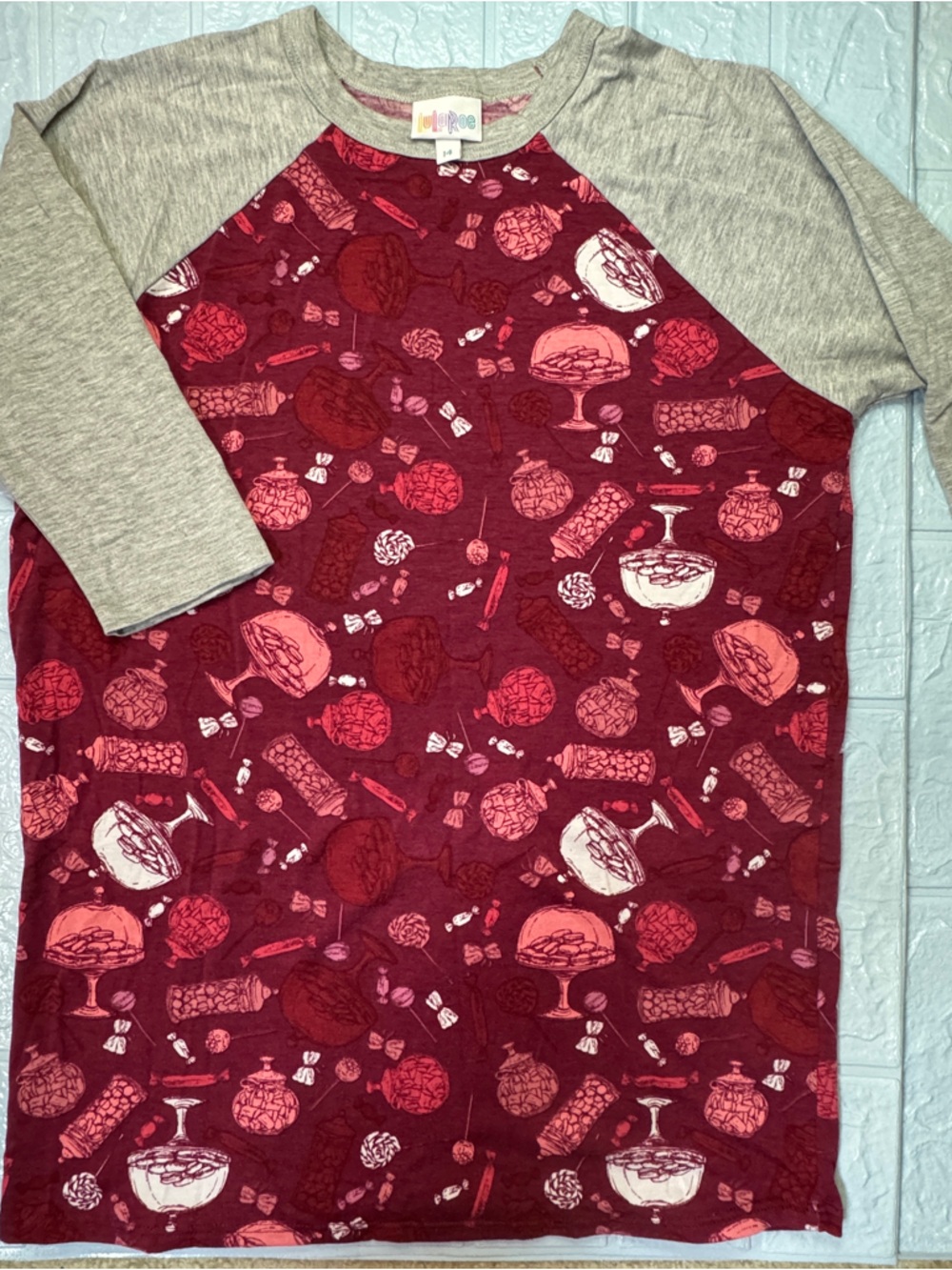 LuLaRoe Burgundy and Pink Candy Print Top